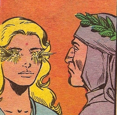 Comic image of woman's shining eyes.
